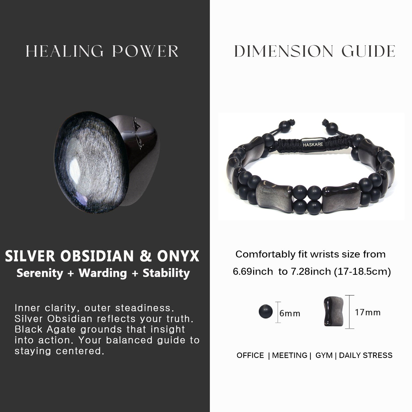 Silver Obsidian Bamboo Bracelet 7.5"