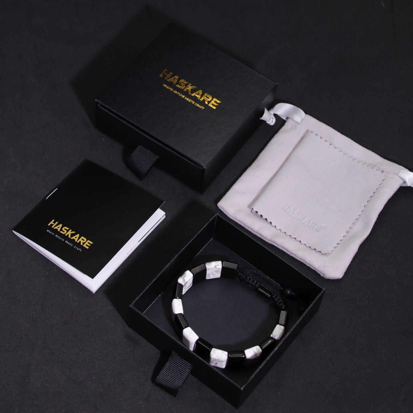 Handmade Howlite Black Obsidian Flat Beaded Bracelet 8"