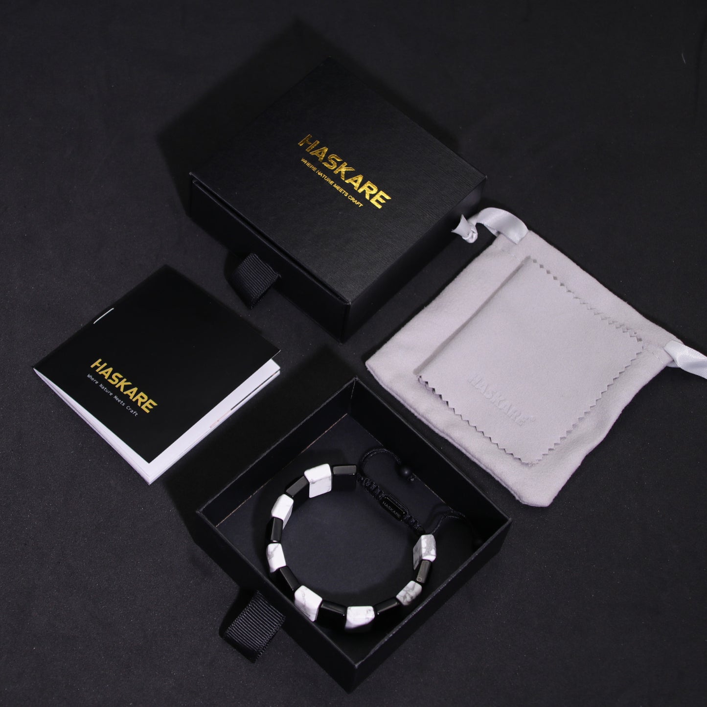 Handmade Howlite Black Obsidian Flatbead Bracelet 7"