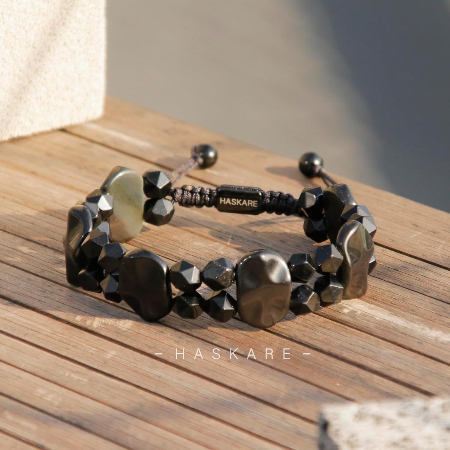 Obsidian Beaded Bracelet (Cross Pattern) 7.5"