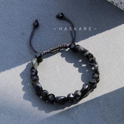 Obsidian Beaded Bracelet (Cross Pattern) 7.5"