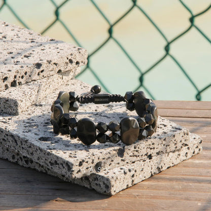 Obsidian Beaded Bracelet (Cross Pattern) 7.5"