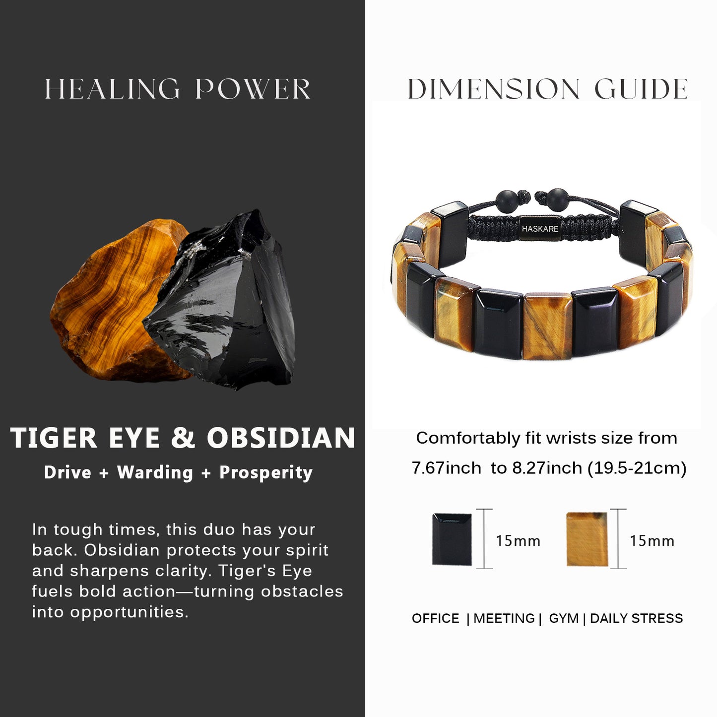 Handmade Tiger Eye Obsidian Flatbead Bracelet 7.5"