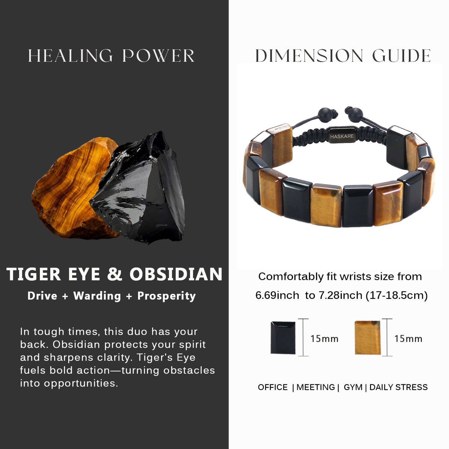 Handmade Tiger Eye Obsidian Flatbead Bracelet 7.5"