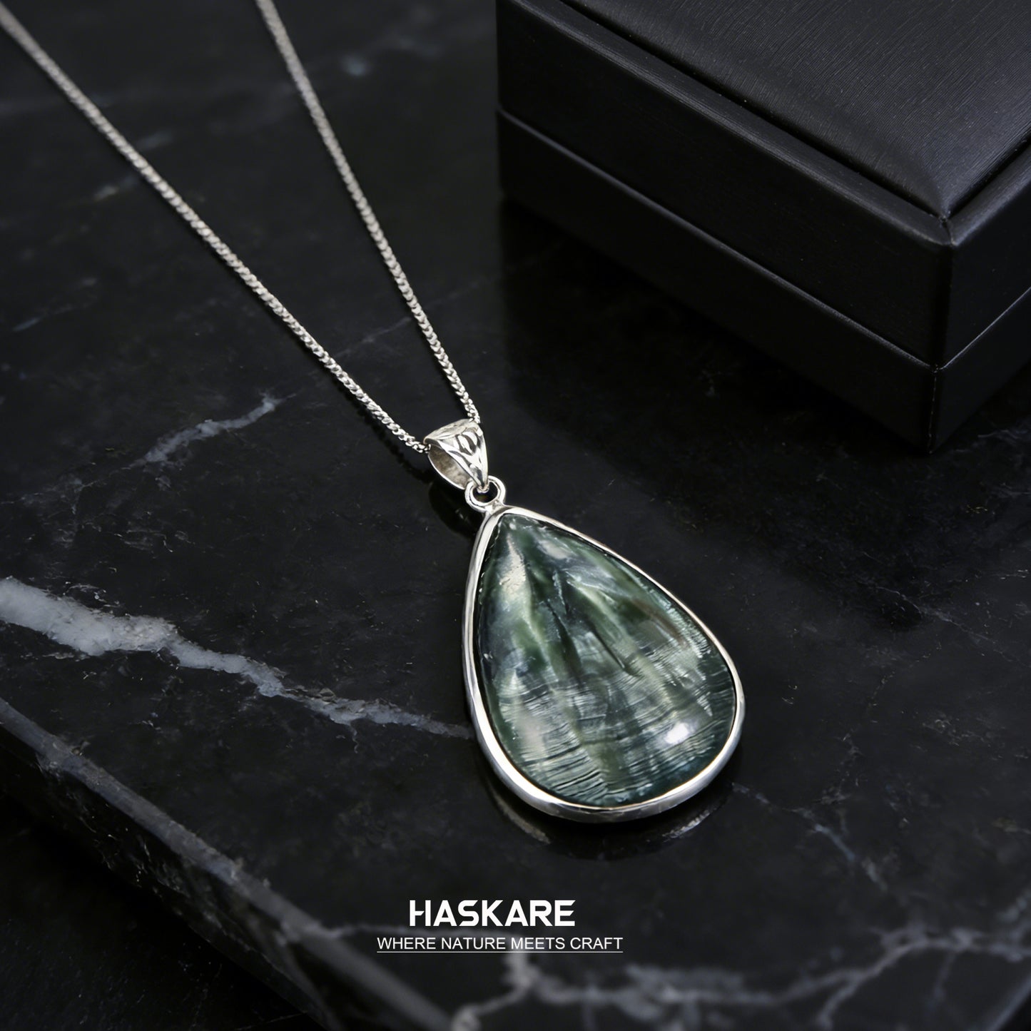 Green Seraphinite Teardrop Pendant Sterling Silver
