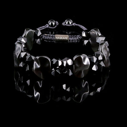 Obsidian Beaded Bracelet (Cross Pattern) 7.5"