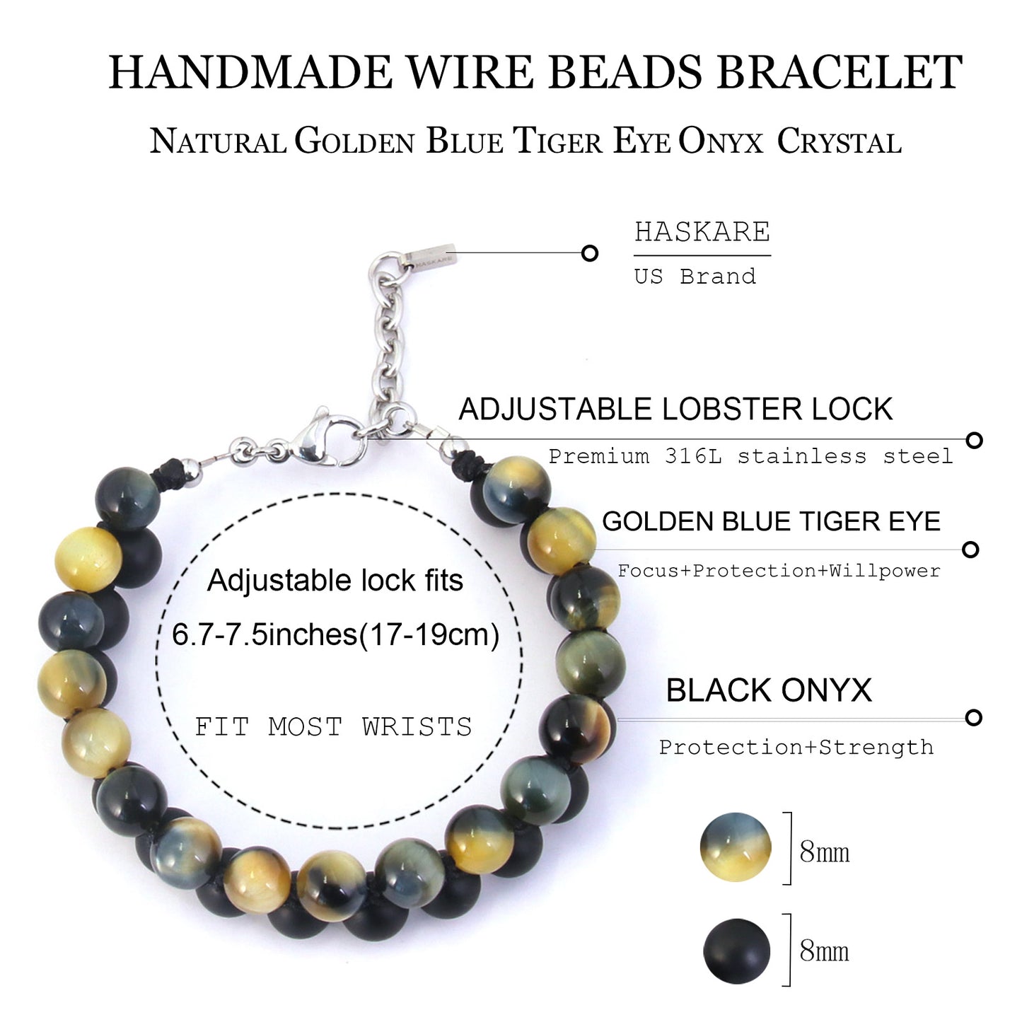 7"Golden Bule Tigers Eye Matt Onyx Bracelet