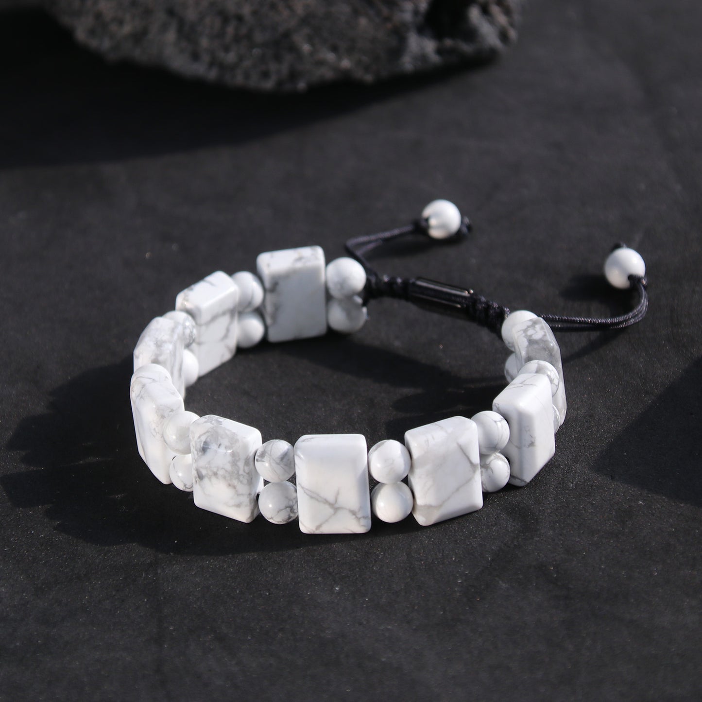 Natural Stone Howlite Rectangular Bead Bracelets (Black Rope)