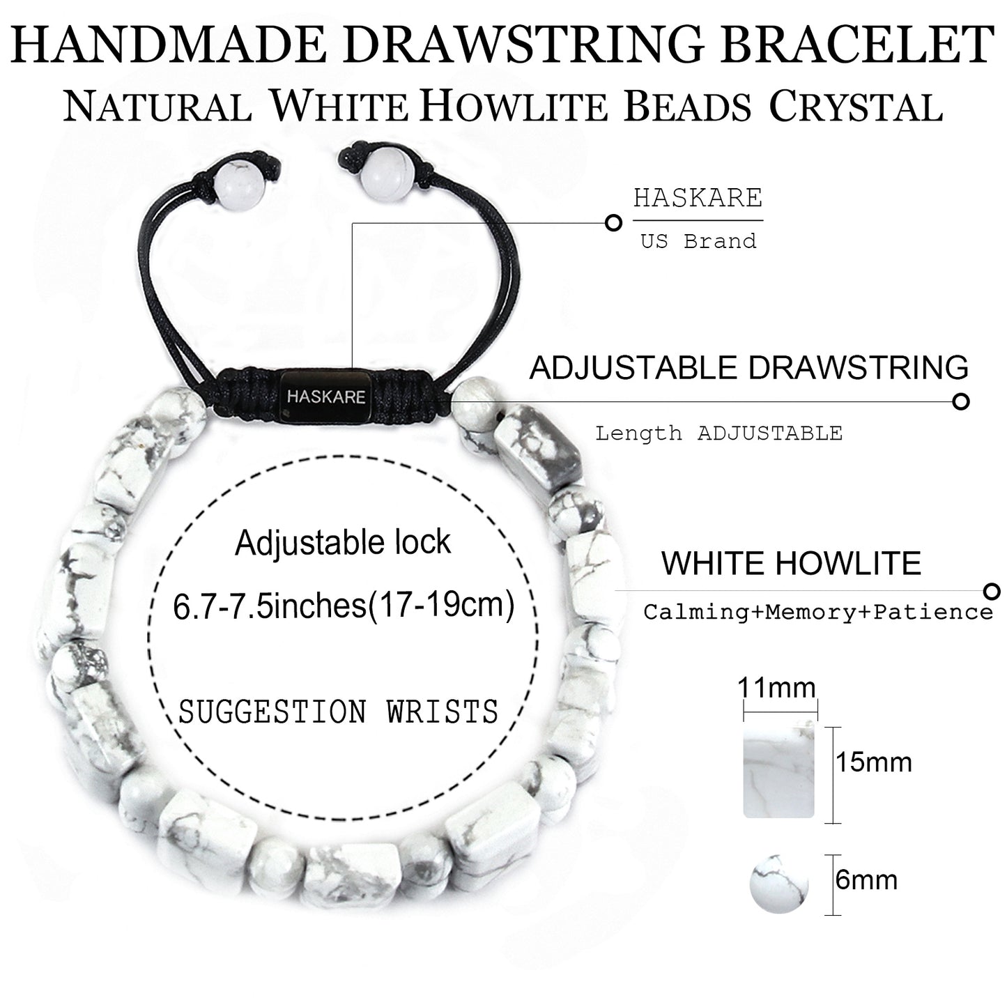 Natural Stone Howlite Rectangular Bead Bracelets (Black Rope)