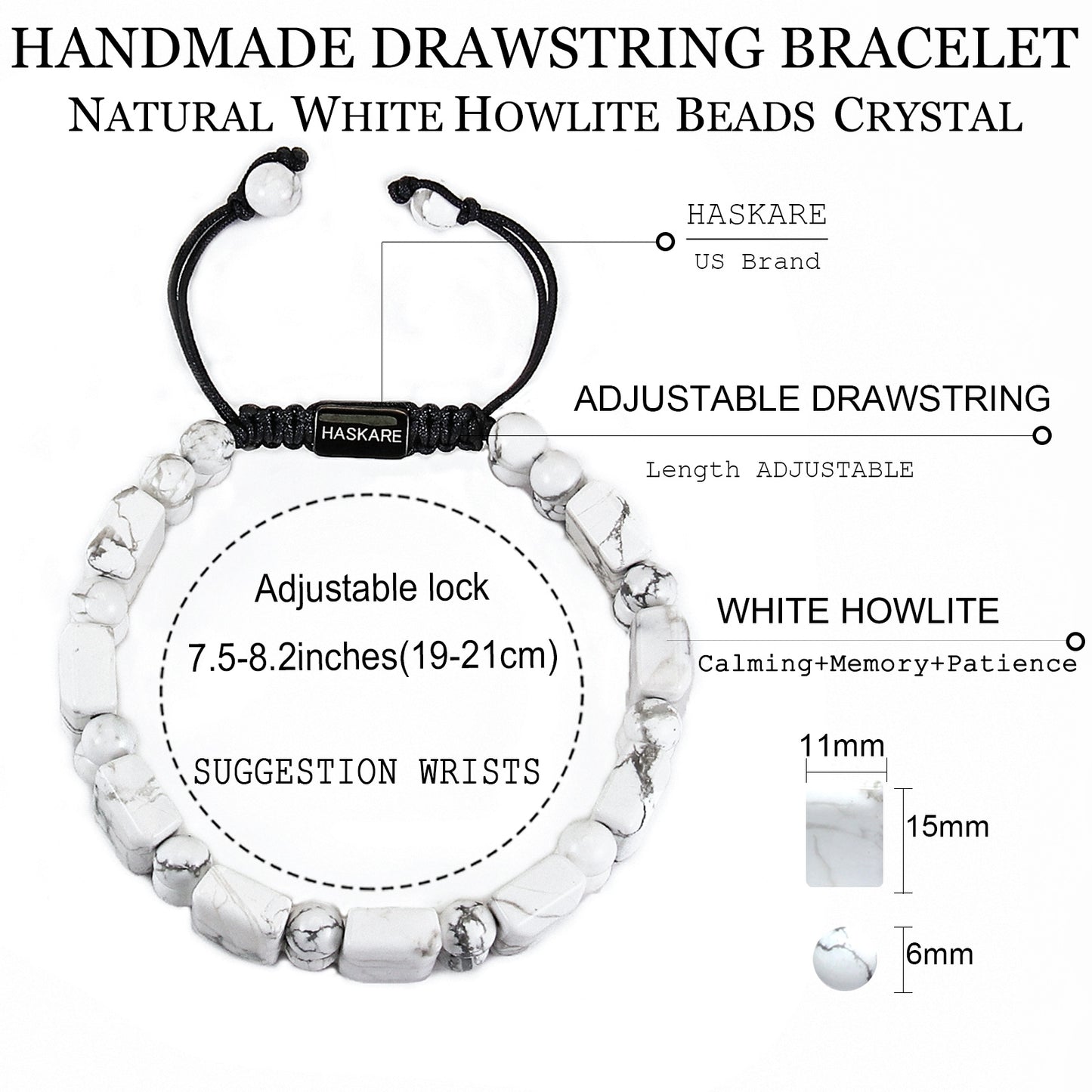 8"Natural Stone Howlite Rectangular Bracelet (316L Stainless Steel)