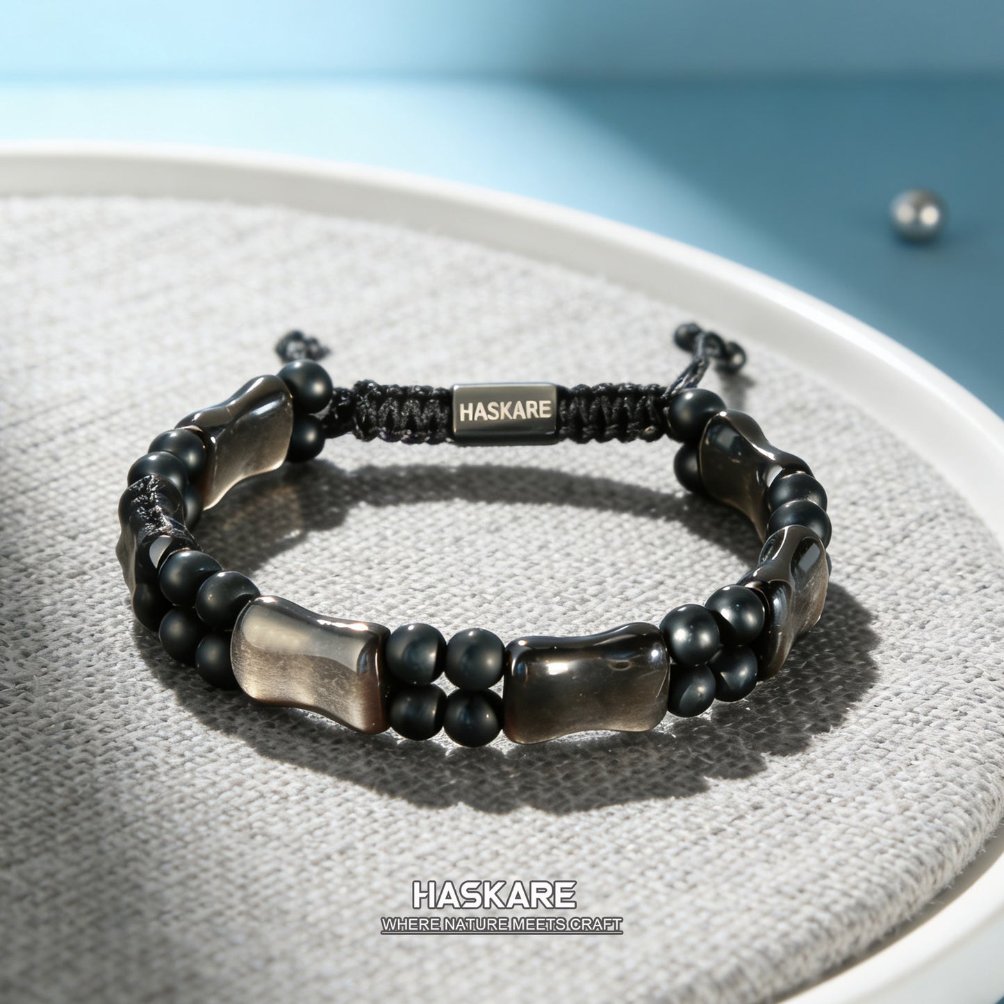 Silver Obsidian Bamboo Bracelet 7.5"