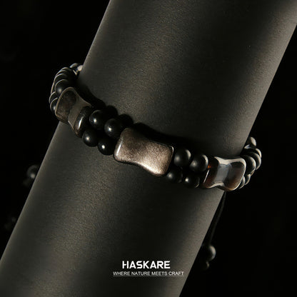Silver Obsidian Bamboo Bracelet 7.5"