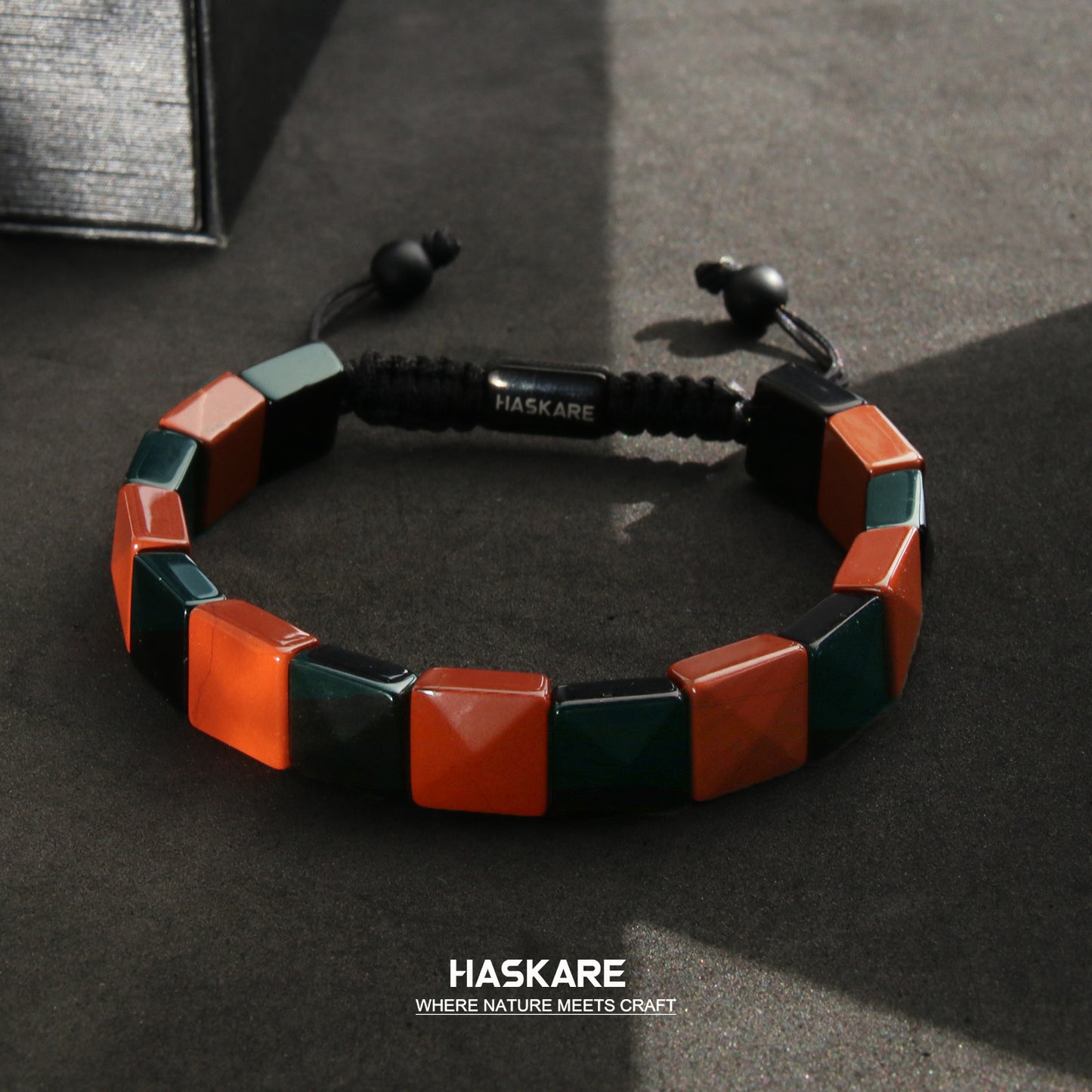 Red Jasper Obsidian Bracelet (Square Bead) 7.5”