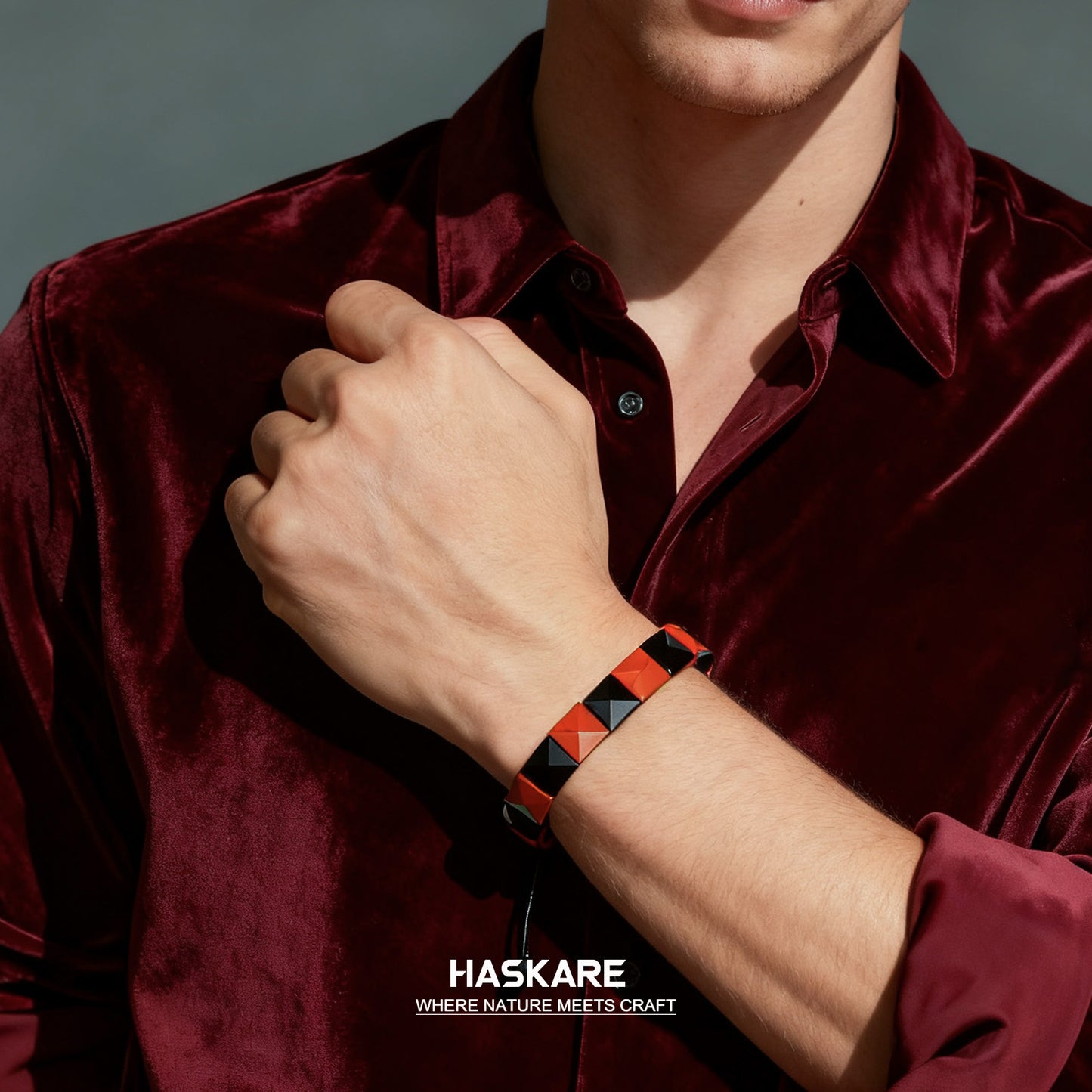 Red Jasper Obsidian Bracelet (Square Bead) 7.5”
