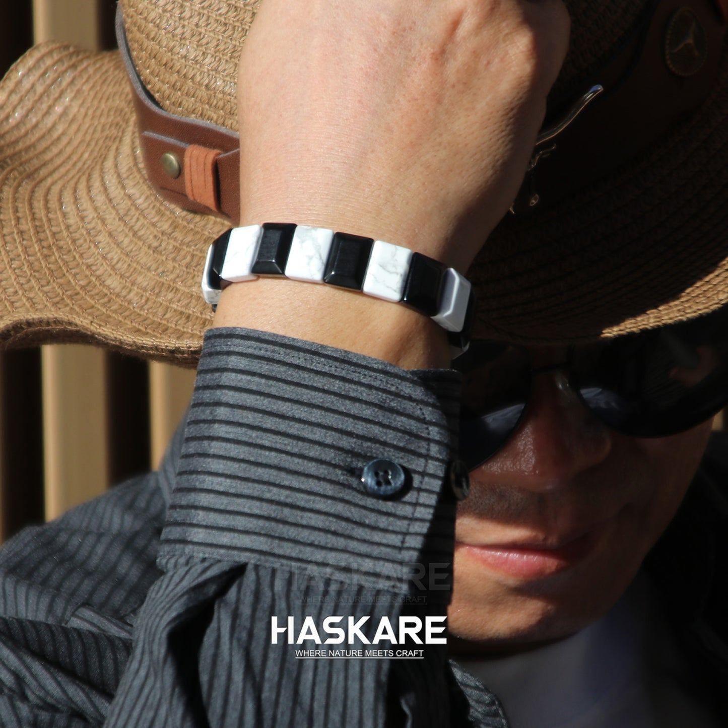 Handmade Howlite Black Obsidian Flat Beaded Bracelet 8"