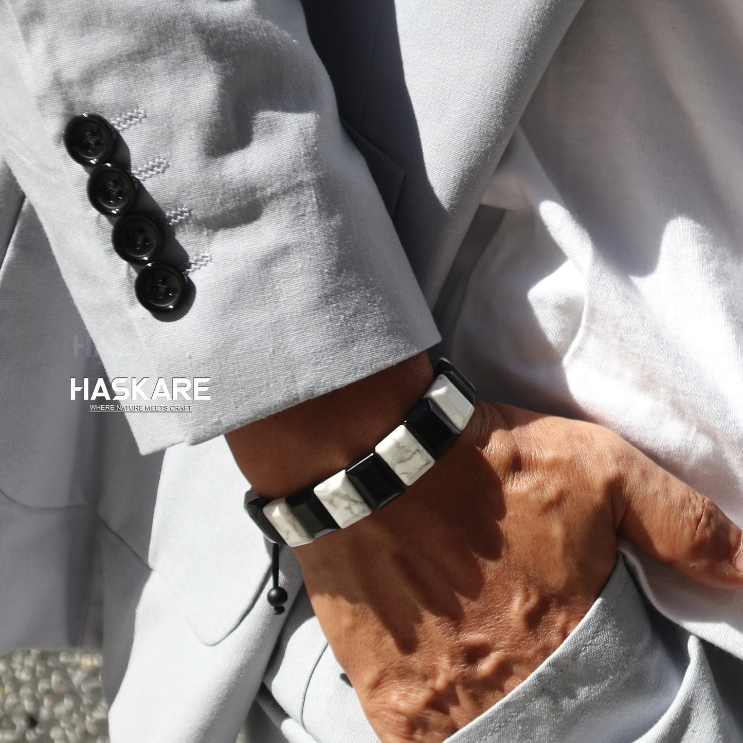 Handmade Howlite Black Obsidian Flatbead Bracelet 7"