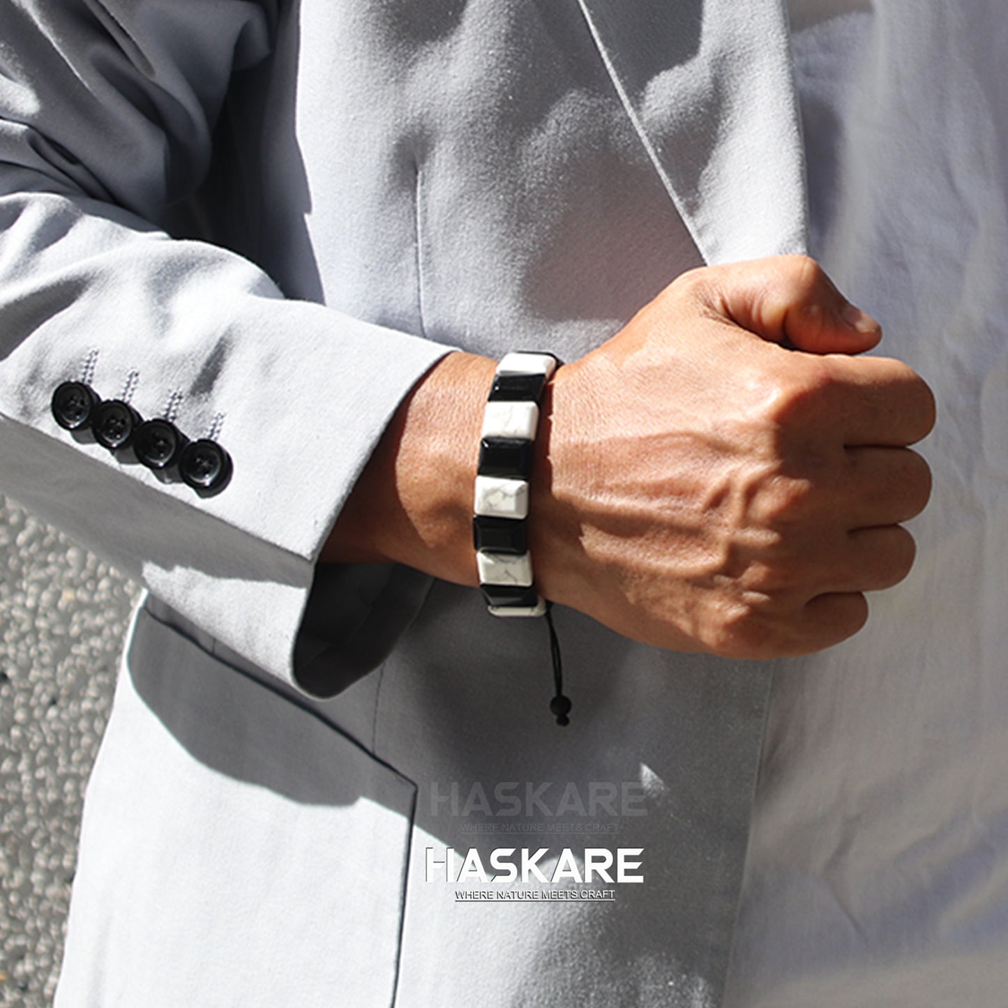 Handmade Howlite Black Obsidian Flatbead Bracelet 7"