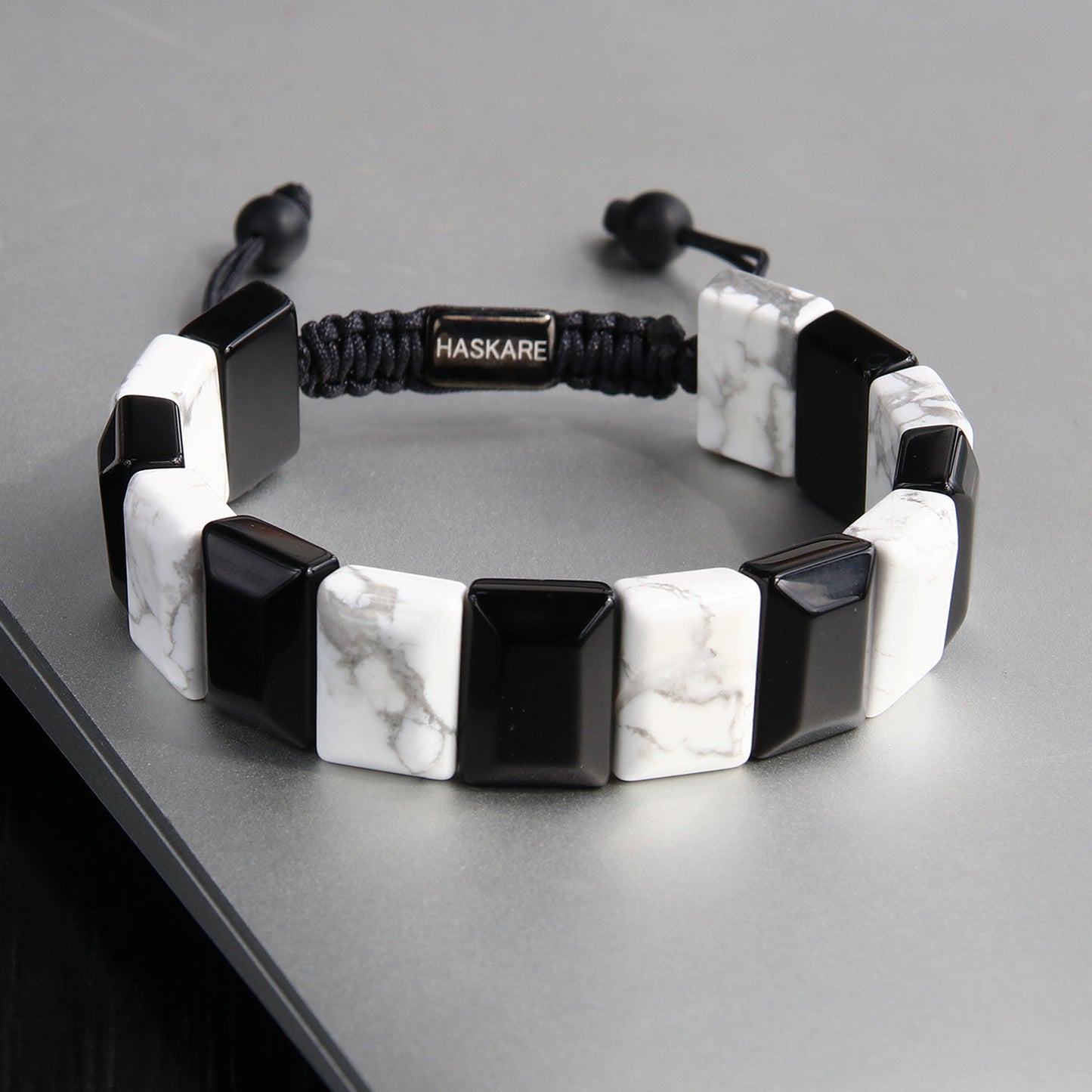 Handmade Howlite Black Obsidian Flatbead Bracelet 7"