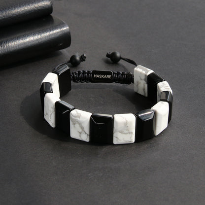 Handmade Howlite Black Obsidian Flatbead Bracelet 7"