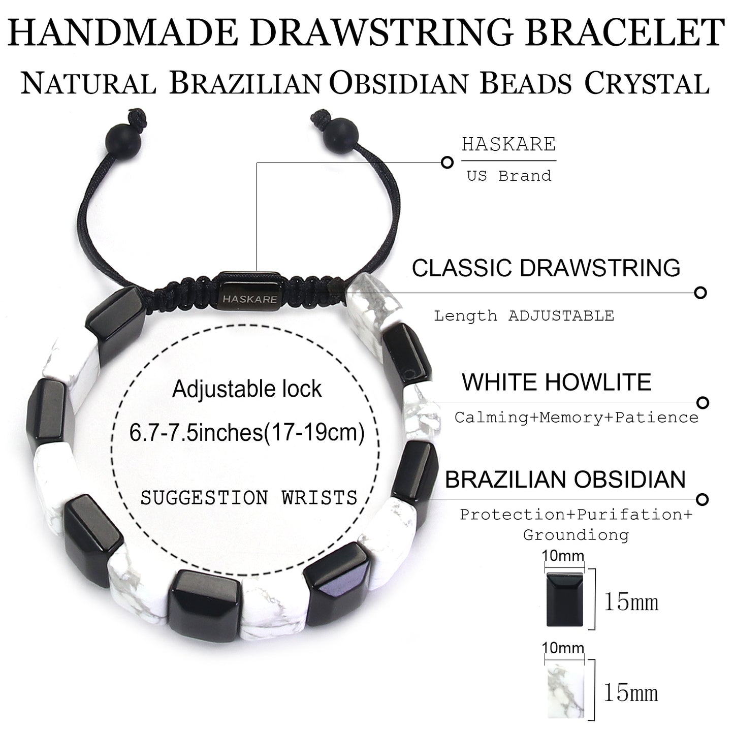 Handmade Howlite Black Obsidian Flatbead Bracelet 7"