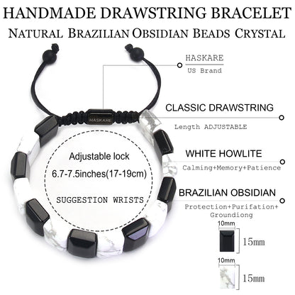 Handmade Howlite Black Obsidian Flatbead Bracelet 7"