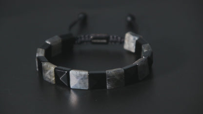 Labradorite & Obsidian Flatbead Pyramid Bracelet