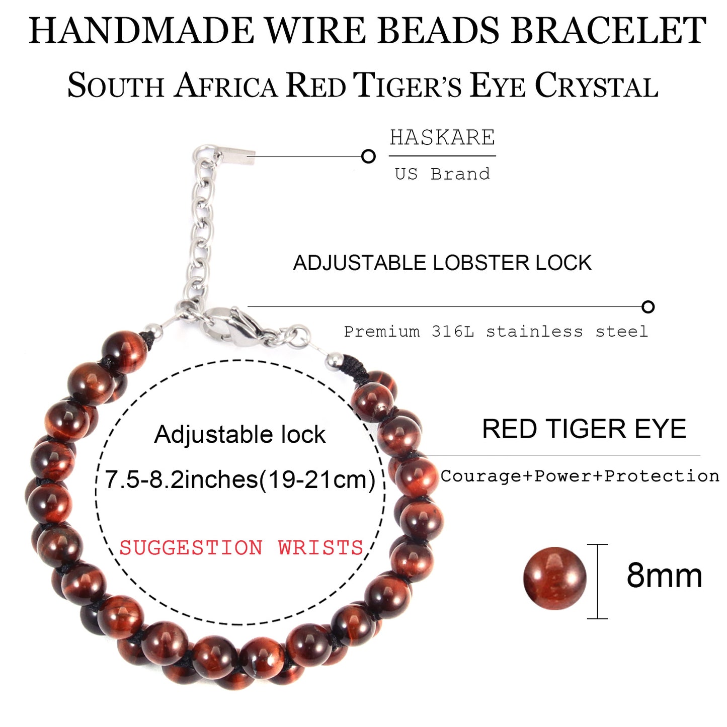 8"Red Tiger Eye Double Row Bracelet (316L Stainless Steel)