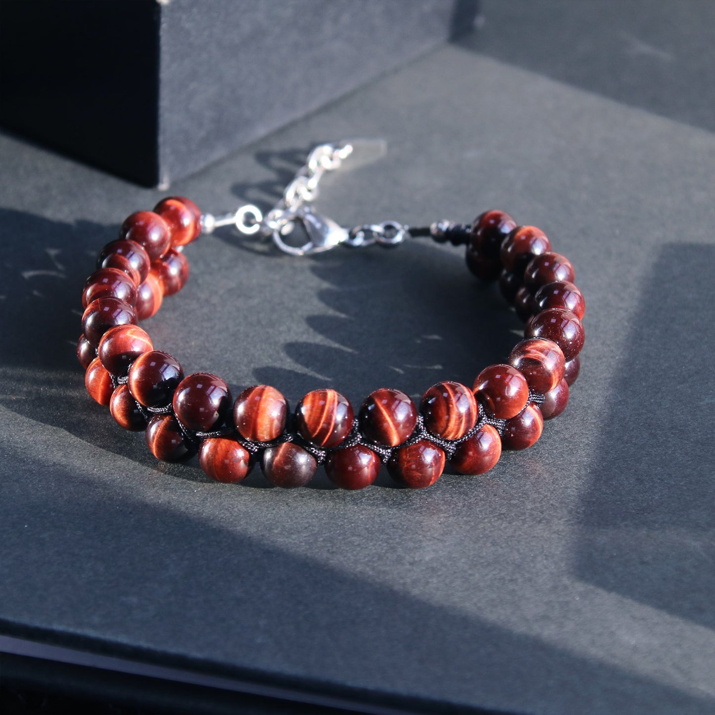 8"Red Tiger Eye Double Row Bracelet (316L Stainless Steel)