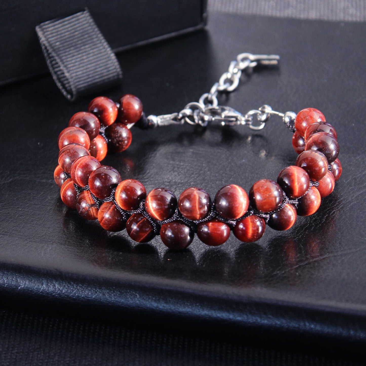 7"Red Tiger Eye Double Row Bracelet (316L Stainless Steel)