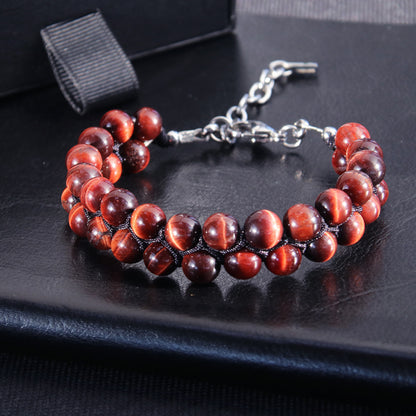 7"Red Tiger Eye Double Row Bracelet (316L Stainless Steel)
