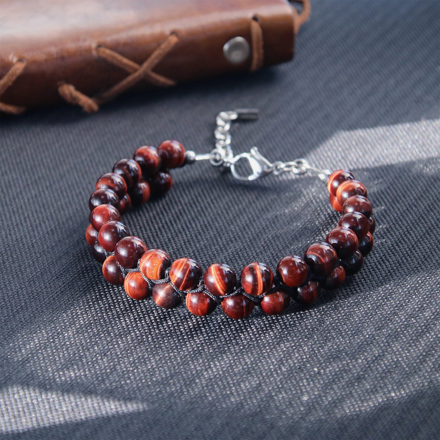 8"Red Tiger Eye Double Row Bracelet (316L Stainless Steel)