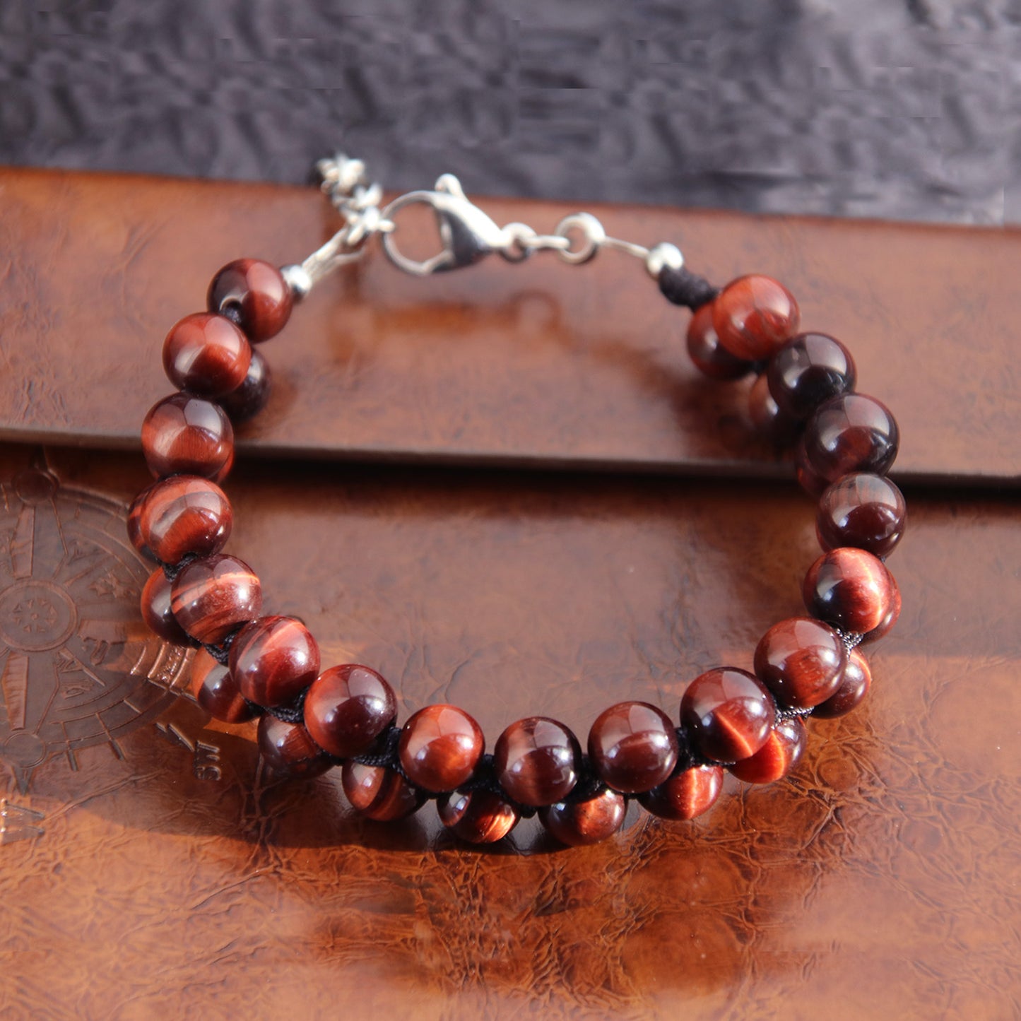 7"Red Tiger Eye Double Row Bracelet (316L Stainless Steel)